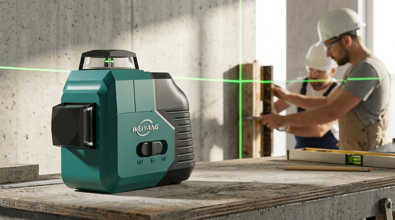 威扬光电系列激光水平仪外观与结构设计案例：上海汉猿打造家族化重载美学与精准测量系统|工业产品设计实战：以墨绿黑机甲视觉、防滑抗摔架构与模块化底座，赋能多线数测量工具品牌专业化升级